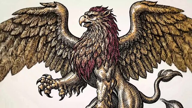 Majestic griffin illustrated in colorful vintage engraving style with subtle motion isolated on white background inspired by antique mythology illustrations.
