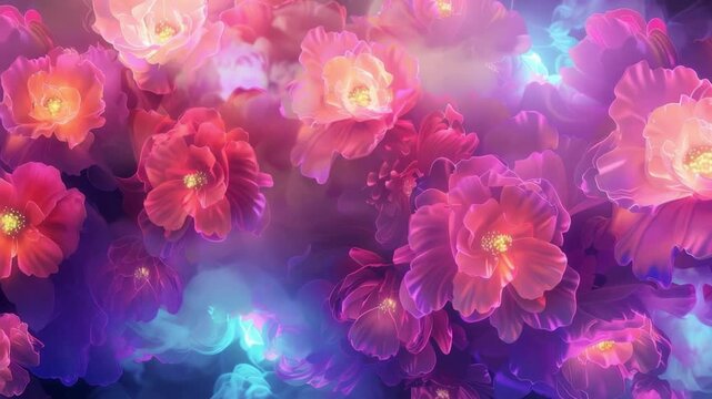 Vibrant floral transition: blooming blossoms evolving in dynamic neon hues