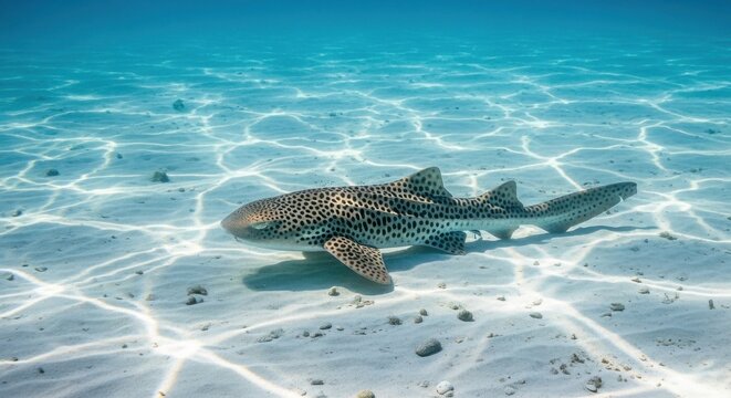 Leopard Shark with Distinctive Spots Swimming Gracefully Over Sandy Seabed in Clear Tropical Waters