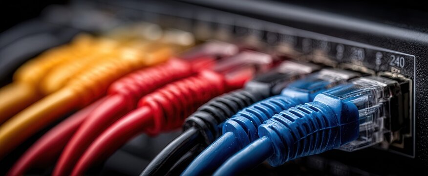 Close-up of colorful Ethernet cables plugged into a network switch with port number 240 visible