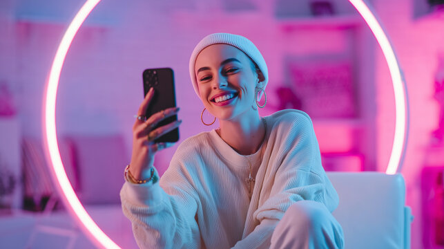 ultra realistic confident social media influencer smiling with smartphone, stylish woman in beanie with neon ring light background, trendy content creator holding phone in vibrant pink and blue studio