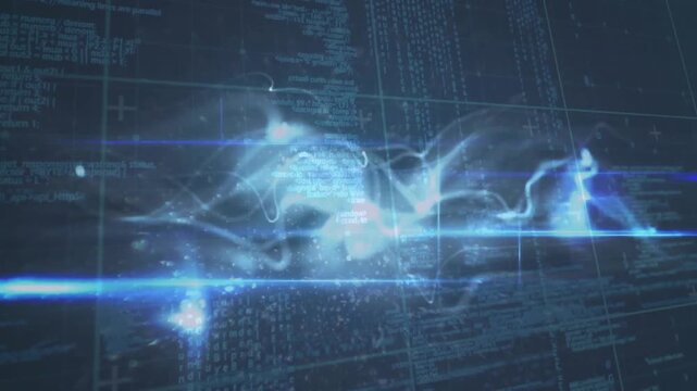 Soft bluish-white wave forming grid center stretching as beam pulsing looping code columns receding