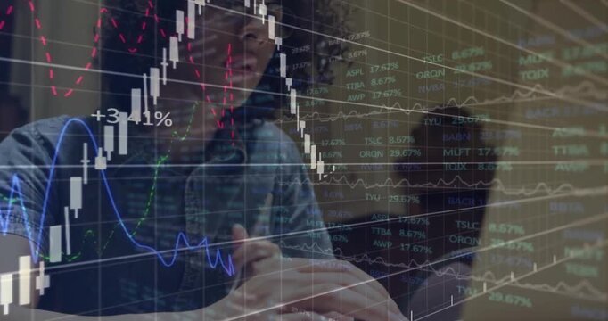 Financial analyst fidgeting ring then typing on laptop and tracking animated market charts rising