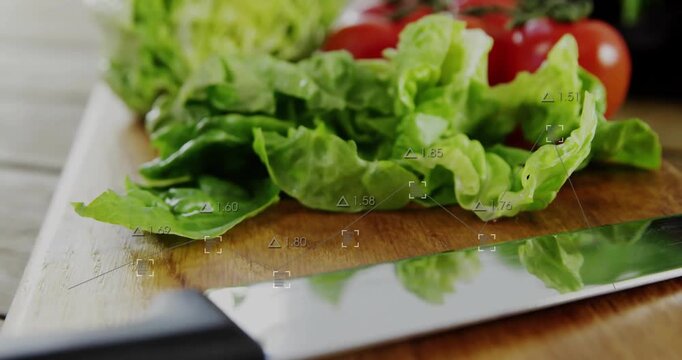 Faint focus overlays guiding camera focusing from knife to lettuce then tomatoes showing freshness