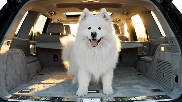 A cheerful samoyed dog with a fluffy white coat stands excitedly in the back of a vehicle, basking in the warm glow of a sunset. The scene is calm and inviting, perfect for an adventure.