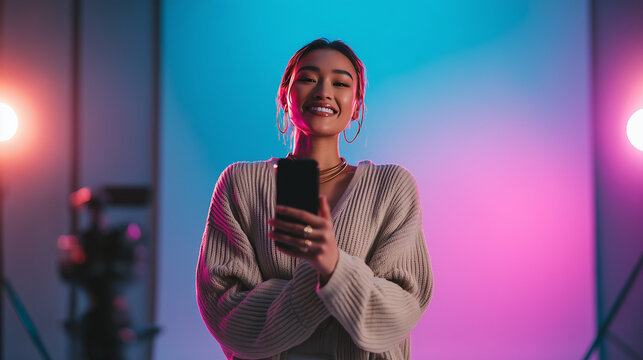 ultra realistic confident social media influencer smiling with smartphone, stylish woman in beanie with neon ring light background, trendy content creator holding phone in vibrant pink and blue studio