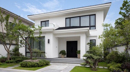 Fototapeta premium Minimalist white modern house with clean geometric architecture and blue sky
