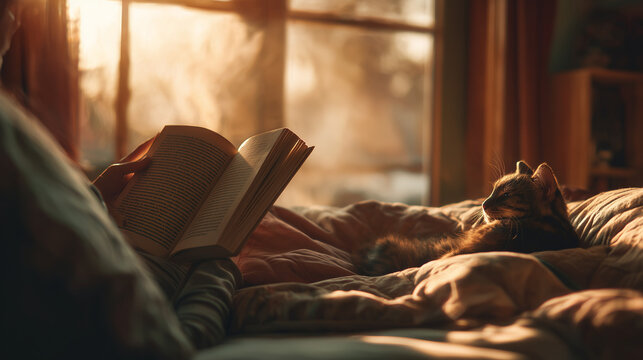 ultra realistic cozy morning scene with person reading book in bed, warm golden hour sunlight in bedroom with tabby cat, cinematic aesthetic peaceful morning lifestyle with book and cat