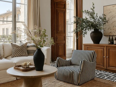 Elegant living room interior with striped armchair, wooden cabinet and natural light from large windows