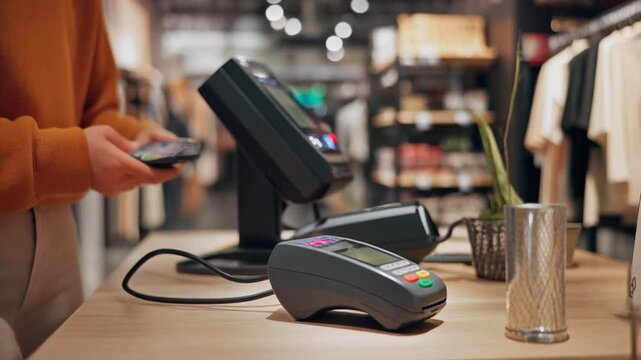 contactless payment terminal on retail store checkout counter