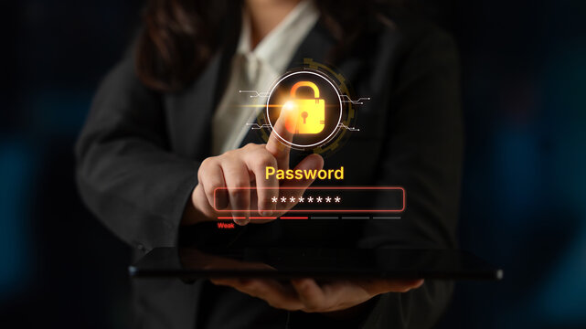A concept of user authentication and password security. The interface shows a password strength meter, highlighting the importance of creating a strong code for account protection. Fermion