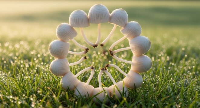 A Symmetrical Arrangement of Small White Marasmius Mushrooms Forming a Delicate Circle in Morning Dew on Grass