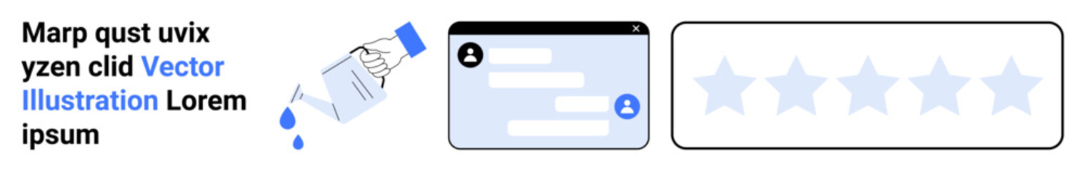 Obraz premium Customer satisfaction, online reviews, user ratings, visual metaphors, digital feedback, evaluation. A hand pouring water, user interface and five stars. Customer satisfaction and online reviews