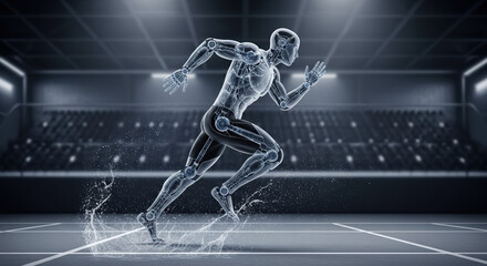 Obraz premium Transparent humanoid robot running on a track in a stadium. Futuristic AI athlete and robotics concept. High speed motion with water splashes