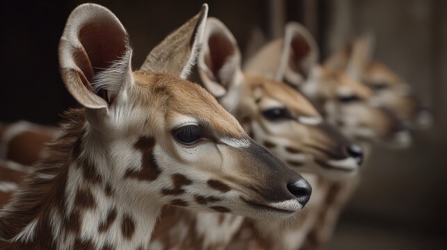 Four adorable aardwolf pups stand close together, showcasing their unique spotted coats and distinctive, oversized ears in natural lighting.