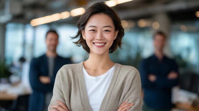 313Confident Asian manager smiling while standing in front of her team, arms crossed, relaxed confident stance, contemporary office environment, teamwork and inspiration theme