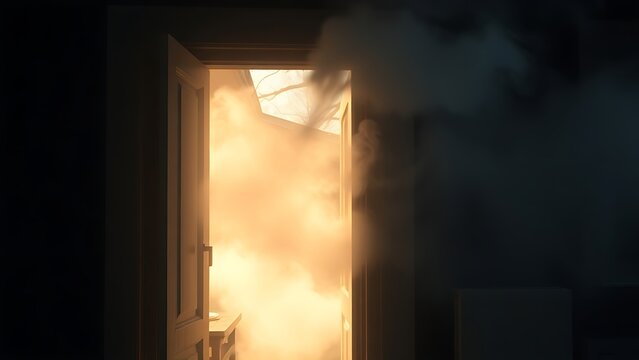 predictability. White smoke gently emerging from door and window cracks in morning light. real-estate listings, architecture portfolios, designed for interior renovation comparisons for interiors.
