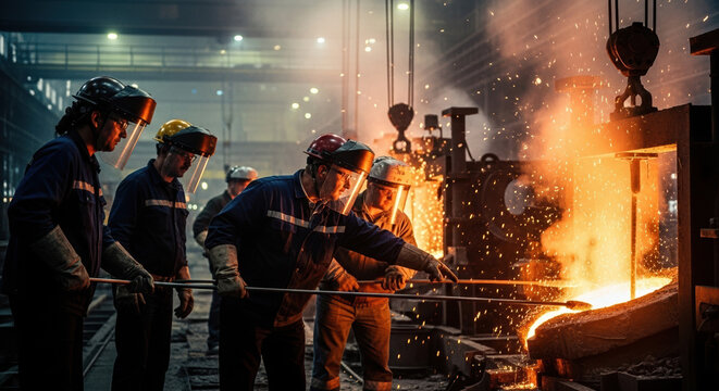 Foundry workers in protective gear pouring molten metal. Industrial steel manufacturing and metal casting process