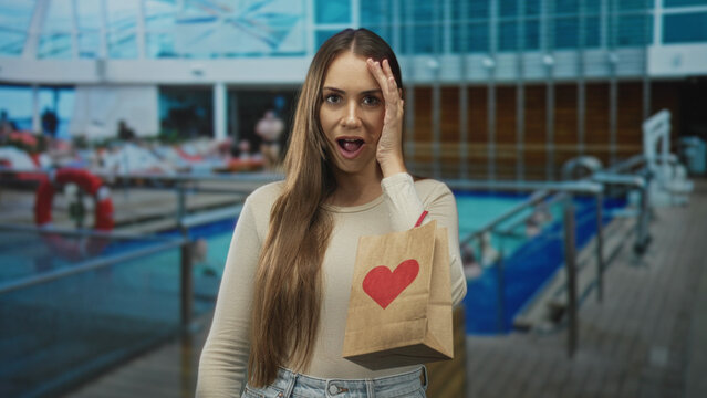Young woman holding paper shopping bag with red heart, hand on stomach then to face, smiling by pool on cruise ship deck; surprise.