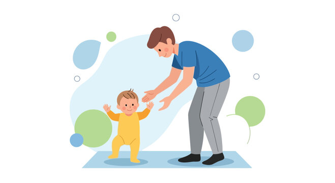 Father helping baby take first steps, learning to walk, childhood development, family bonding