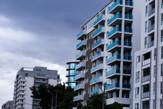 balconies in high-rise city apartment building on overcast day