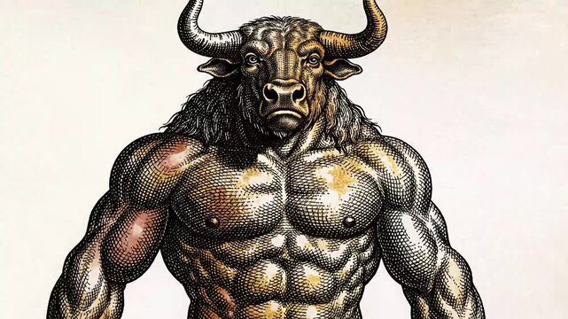 Powerful minotaur illustrated in colorful vintage engraving style inspired by classical Greek mythology book engravings with subtle motion.