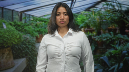 Fototapeta premium Woman in white shirt faces camera and stands still showing neutral face and relaxed posture in a greenhouse building; quiet calm resilience.