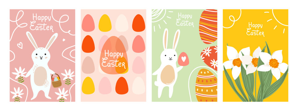 Easter card set vector. Cute bunny, colorful Easter eggs, and spring flowers for holiday greetings, party invitations, and seasonal marketing posters
