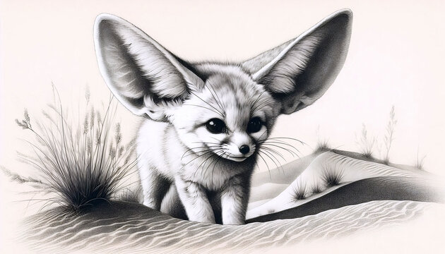A tiny fennec fox ink drawing art print, Ai generated image