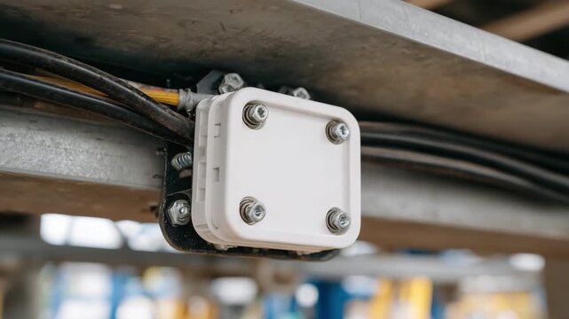 587Close-up macro of electrical conduit junction box, wires threaded through, PVC and metal conduits, screws and brackets visible, indoor office environment