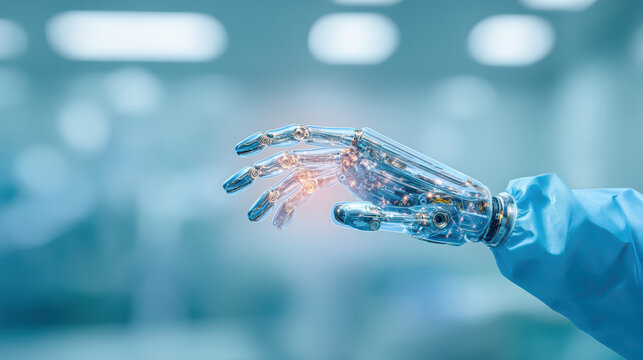Transparent robotic hand with glowing circuits and blue sleeve in futuristic setting, advanced technology concept with detailed mechanical fingers and soft background light
