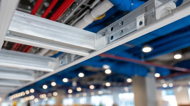 595Side view of electrical conduits in office ceiling, PVC and metal conduits, screws, and brackets, detailed macro perspective, indoor renovation