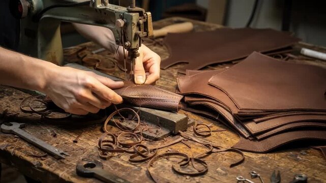 Medium shot capturing the preparation of leather jacket parts at a skiving station emphasizing the careful thinning technique and craftsmanship involved in garment assembly.