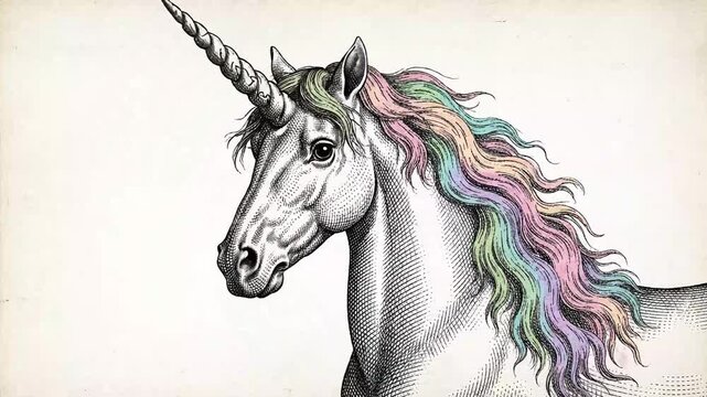 Elegant unicorn illustrated in colorful vintage engraving style with gentle motion isolated on white background inspired by antique mythology books.