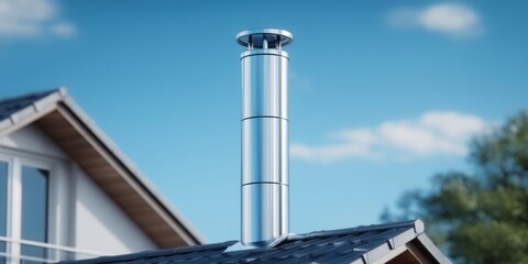 Naklejka premium Modern stainless steel chimney flue with cap on a residential rooftop under clear blue sky