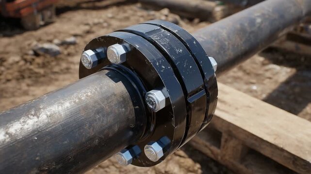 612Macro perspective of industrial water pipe flange, metallic surface, bolts and gasket visible, outdoor construction site, detailed photorealistic textures