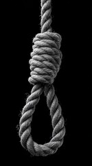 Close-up of a thick, coarse rope tied into a noose against a stark black background