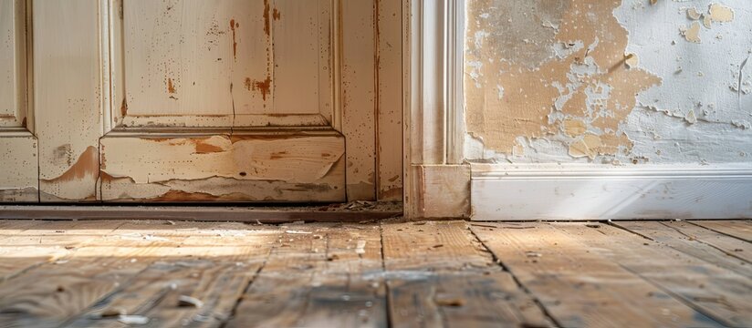 Damaged wooden door frame and peeling wall paint in old house interior