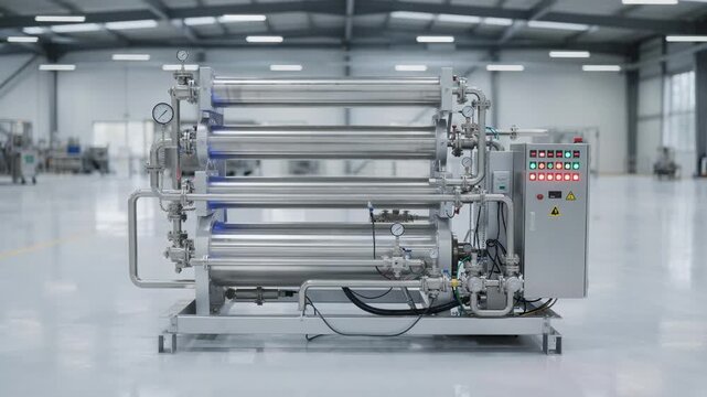 Medium shot capturing a compact membrane separation unit optimized for gas separation highlighting streamlined pipes and control panels in a modern facility setting.