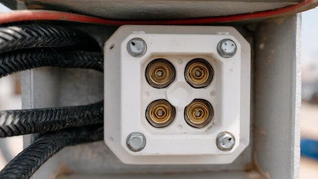 640Macro perspective of electrical conduit junction box, threaded wires, screws and brackets visible, office interior installation, high-detail textures