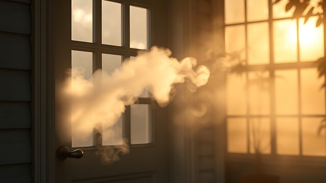 predictability. White smoke gently emerging from door and window cracks in morning light. real-estate listings, architecture portfolios, designed for interior renovation comparisons for interiors.