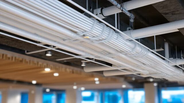 642Overhead view of PVC conduit system on office floor, wires threaded, junction boxes visible, macro detailed perspective