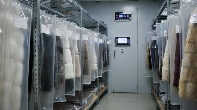 Medium shot of climatecontrolled vault with metal shelving units filled with fur garments in labeled protective bags showcasing organized offseason storage solutions.