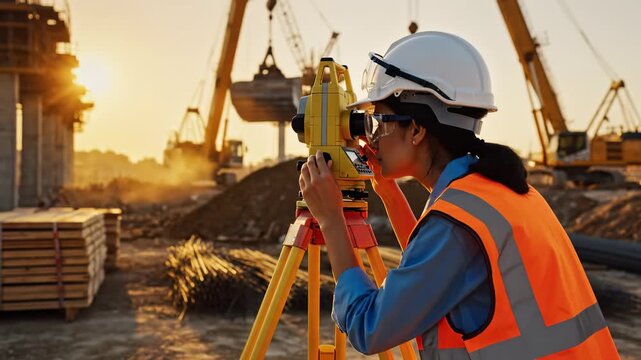 A dedicated engineer focuses intently on a surveying instrument, surrounded by construction machinery as the sun sets. The scene is alive with rich colors and a sense of purpose.