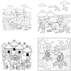 Obraz premium Diverse people learning and living in ancient village scene with black and white with daily life