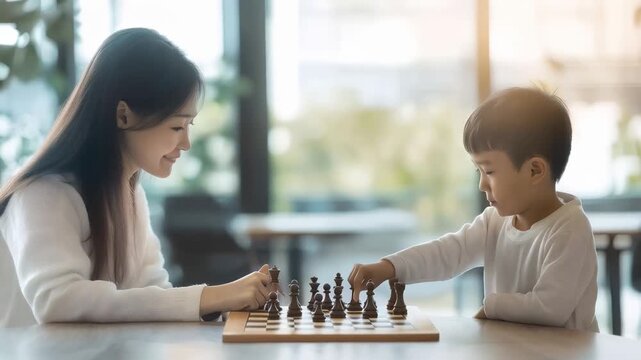 Asian mother and son enjoying quality time together, playing chess in their bright living room, developing strategic thinking and strengthening their bond