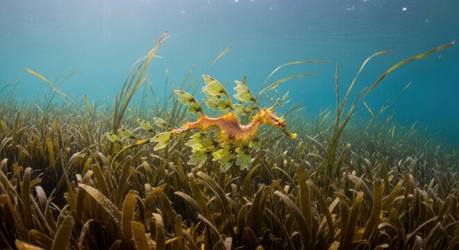 A Leafy Sea Dragon Navigates Through Dense Underwater Seagrass Beds