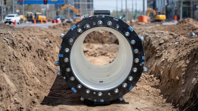 694Wide-angle macro of PVC pipeline outdoors, trench, soil, flanges, and pipe fittings, realistic construction site