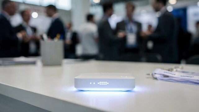 Medium shot focused on a compact wireless hotspot on a trade show registration desk while guests wait and network in the blurred background.