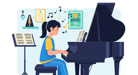 Young girl playing grand piano with sheet music and musical notes flying. © Kuri